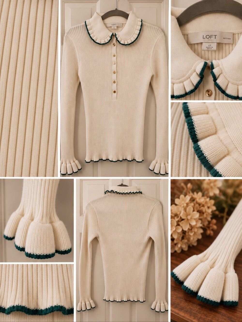 LOFT Sweater |Cream Ribbed Sweater with Teal Trim Collar – Large Petite - Picture 3 of 7
